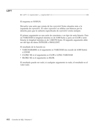 LEFT
                     LEFT   (   expresión1   ,   expresión2   )



                 El esquema es SYSFUN.

                 Devuelve una serie que consta de los expresión2 bytes situados más a la
                 izquierda de expresión1. El valor expresión1 se rellena con blancos por la
                 derecha para que la subserie especificada de expresión1 exista siempre.

                 El primer argumento es una serie de caracteres o un tipo de serie binaria. Para
                 un VARCHAR la longitud máxima es de 4.000 bytes y para un CLOB o serie
                 binaria la longitud máxima es de 1.048.576 bytes. El segundo argumento debe
                 ser del tipo de datos INTEGER o SMALLINT.

                 El resultado de la función es:
                 v VARCHAR(4000) si el argumento es VARCHAR (no excede de 4.000 bytes)
                    o CHAR
                 v CLOB(1 M) si el argumento es CLOB o LONG VARCHAR
                 v BLOB(1 M) si el argumento es BLOB.

                 El resultado puede ser nulo; si cualquier argumento es nulo, el resultado es el
                 valor nulo.




412    Consulta de SQL, Volumen 1
 