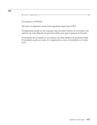 LN
        LN   (   expresión   )



     El esquema es SYSFUN.

     Devuelve el logaritmo natural del argumento (igual que LOG).

     El argumento puede ser de cualquier tipo de datos interno. Se convierte a un
     número de coma flotante de precisión doble para que lo procese la función.

     El resultado de la función es un número de coma flotante de precisión doble.
     El resultado puede ser nulo; si el argumento es nulo, el resultado es el valor
     nulo.




                                                            Capítulo 3. Funciones   415
 