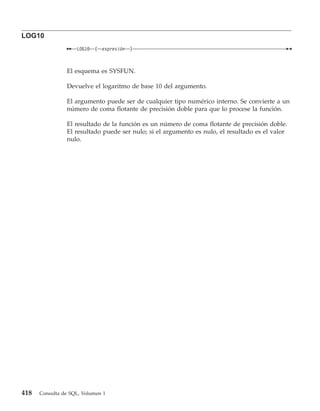 LOG10
                    LOG10   (   expresión   )



                El esquema es SYSFUN.

                Devuelve el logaritmo de base 10 del argumento.

                El argumento puede ser de cualquier tipo numérico interno. Se convierte a un
                número de coma flotante de precisión doble para que lo procese la función.

                El resultado de la función es un número de coma flotante de precisión doble.
                El resultado puede ser nulo; si el argumento es nulo, el resultado es el valor
                nulo.




418   Consulta de SQL, Volumen 1
 