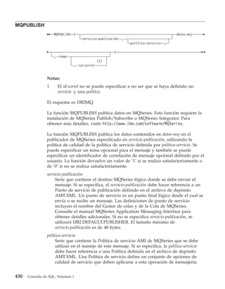 MQPUBLISH
                    MQPUBLISH   (                                                      datos-msj
                                    servicio-publicación   ,
                                                               política-servicio   ,

                                                      )
                    , tema
                                              (1)
                                , id-correl


                Notas:
                1     El id-correl no se puede especificar a no ser que se haya definido un
                      servicio y una política.

                El esquema es DB2MQ.

                La función MQPUBLISH publica datos en MQSeries. Esta función requiere la
                instalación de MQSeries Publish/Subscribe o MQSeries Integrator. Para
                obtener más detalles, visite http://www.ibm.com/software/MQSeries.

                La función MQPUBLISH publica los datos contenidos en datos-msj en el
                publicador de MQSeries especificado en servicio-publicación, utilizando la
                política de calidad de la política de servicio definida por política-servicio. Se
                puede especificar un tema opcional para el mensaje y también se puede
                especificar un identificador de correlación de mensaje opcional definido por el
                usuario. La función devuelve un valor de ’1’ si se realiza satisfactoriamente o
                de ’0’ si no se realiza satisfactoriamente.
                servicio-publicación
                    Serie que contiene el destino MQSeries lógico donde se debe enviar el
                    mensaje. Si se especifica, el servicio-publicación debe hacer referencia a un
                    Punto de servicio de publicación definido en el archivo de depósito
                    AMT.XML. Un punto de servicio es un punto final lógico desde el cual se
                    envía o se recibe un mensaje. Las definiciones de punto de servicio
                    incluyen el nombre del Gestor de colas y de la Cola de MQSeries.
                    Consulte el manual MQSeries Application Messaging Interface para
                    obtener detalles adicionales. Si no se especifica servicio-publicación, se
                    utilizará DB2.DEFAULT.PUBLISHER. El tamaño máximo de
                    servicio-publicación es de 48 bytes.
                política-servicio
                     Serie que contiene la Política de servicio AMI de MQSeries que se debe
                     utilizar en el manejo de este mensaje. Si se especifica, la política-servicio
                     debe hacer referencia a una Política definida en el archivo de depósito
                     AMT.XML. Una Política de servicio define un conjunto de opciones de
                     calidad de servicio que deben aplicarse a esta operación de mensajería.


430   Consulta de SQL, Volumen 1
 