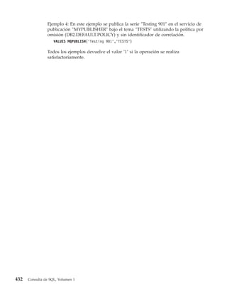 Ejemplo 4: En este ejemplo se publica la serie ″Testing 901″ en el servicio de
                publicación ″MYPUBLISHER″ bajo el tema ″TESTS″ utilizando la política por
                omisión (DB2.DEFAULT.POLICY) y sin identificador de correlación.
                    VALUES MQPUBLISH(’Testing 901’,’TESTS’)

                Todos los ejemplos devuelve el valor ’1’ si la operación se realiza
                satisfactoriamente.




432   Consulta de SQL, Volumen 1
 