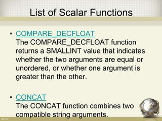 List of Scalar Functions
• COMPARE_DECFLOAT
The COMPARE_DECFLOAT function
returns a SMALLINT value that indicates
whether the two arguments are equal or
unordered, or whether one argument is
greater than the other.
• CONCAT
The CONCAT function combines two
compatible string arguments.
 