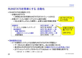 RUNSTATSを簡単にする：自動化
 RUNSTATSを自動的に行う
  – 自動RUNSTATS
     • 2時間おきの非同期RUNSTATSがスケジュールされる
                                                                   v9.7からデフォ
  – 自動ステートメント統計（リアルタイム統計収集）
                                                                   ルトでON
     • SQLを実行しようとした瞬間に、必要なら統計情報を更新

     自動保守                                 (AUTO_MAINT) = ON
      データベース自動バックアップ                      (AUTO_DB_BACKUP) = OFF     自動化全体の
      表自動保守                               (AUTO_TBL_MAINT) = ON      親パラメータ
       自動 RUNSTATS                        (AUTO_RUNSTATS) = ON
        自動ステートメント統計                       (AUTO_STMT_STATS) = ON     (DB CFG)
       自動再編成                              (AUTO_REORG) = OFF


 簡単運用の方法
  – 小・中規模のシステムでは自動RUNSTATSがONで問題ない
     • データを入れた最初だけは手動で実行し、あとは自動に任せる
     • 基本形以外のRUNSTATSが必要な表には統計プロファイルを作成しておく
     • (オプション)バックアップのタイミングでdb2look -m で統計情報も保存する
       > db2look -m -d MYDB -z SIM -o stat.sql
                                                                       © 2011 IBM Corporation
25
 