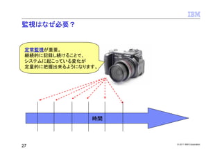 監視はなぜ必要？


 定常監視が重要。
 継続的に記録し続けることで、
 システムに起こっている変化が
 定量的に把握出来るようになります。




                時間



                     © 2011 IBM Corporation
27
 