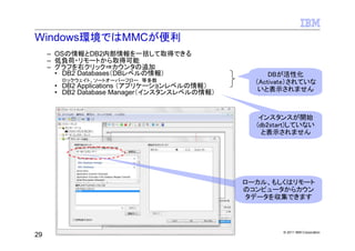 Windows環境ではMMCが便利
     – OSの情報とDB2内部情報を一括して取得できる
     – 低負荷・リモートから取得可能
     – グラフを右クリック⇒カウンタの追加
       • DB2 Databases（DBレベルの情報）                   DBが活性化
       ロックウェイト、ソートオーバーフロー 等多数                  （Activate）されていな
      • DB2 Applications （アプリケーションレベルの情報）       いと表示されません
      • DB2 Database Manager（インスタンスレベルの情報）


                                                インスタンスが開始
                                               (db2start)していない
                                                 と表示されません




                                             ローカル、もしくはリモート
                                             のコンピュータからカウン
                                             タデータを収集できます




                                                     © 2011 IBM Corporation
29
 