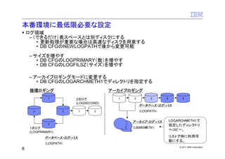 本番環境に最低限必要な設定
    ログ領域
     – （できるだけ）表スペースとは別ディスクにする
        • 更新処理が重要な場合は高速なディスクを用意する
        • DB CFGのNEWLOGPATHで後から変更可能
    – サイズを増やす
       • DB CFGのLOGPRIMARY（数）を増やす
       • DB CFGのLOGFILSZ（サイズ）を増やす

    – アーカイブロギングモードに変更する
       • DB CFGのLOGARCHMETH1でディレクトリを指定する
     循環ロギング                           アーカイブロギング
              1         2次ログ            1    2         3     4         5
                        (LOGSECOND)
                                                 データベース・ログ・パス
      n             2      1    2                （LOGPATH）


                                            アーカイブ・ログ・パス          LOGARCHMETH1で
              3                                                  指定したディレクトリ
     1次ログ                                   (LOGARCHMETH1)
                                                                 へコピー。
     (LOGPRIMARY)
            データベース・ログ・パス                                         リストア時に利用可
                                                                 能にする。
            （LOGPATH）
                                                                     © 2011 IBM Corporation
8
 