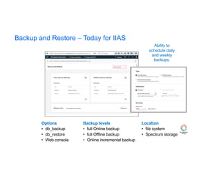 Options
• db_backup
• db_restore
• Web console
Backup levels
• full Online backup
• full Offline backup
• Online incremental backup
Location
• file system
• Spectrum storage
Ability to
schedule daily
and weekly
backups.
Backup and Restore – Today for IIAS
 