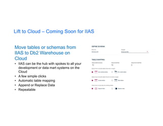 Move tables or schemas from
IIAS to Db2 Warehouse on
Cloud
• IIAS can be the hub with spokes to all your
development or data mart systems on the
Cloud
• A few simple clicks
• Automatic table mapping
• Append or Replace Data
• Repeatable
Lift to Cloud – Coming Soon for IIAS
 