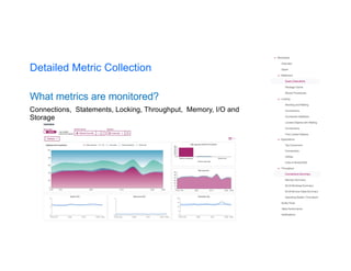 Detailed Metric Collection
What metrics are monitored?
Connections, Statements, Locking, Throughput, Memory, I/O and
Storage
 