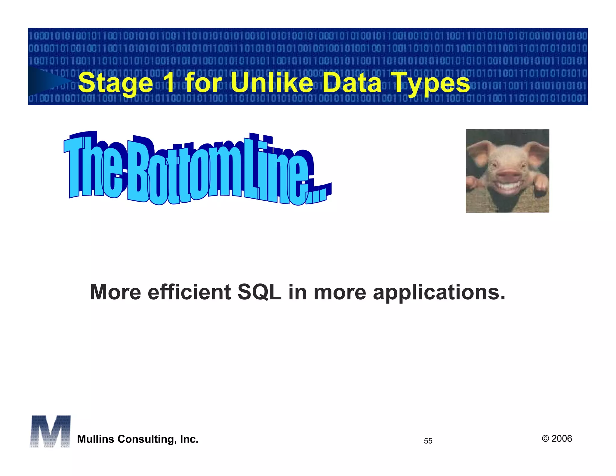 Stage 1 for Unlike Data Types




  More efficient SQL in more applications.




Mullins Consulting, Inc.          55         © 2006
 