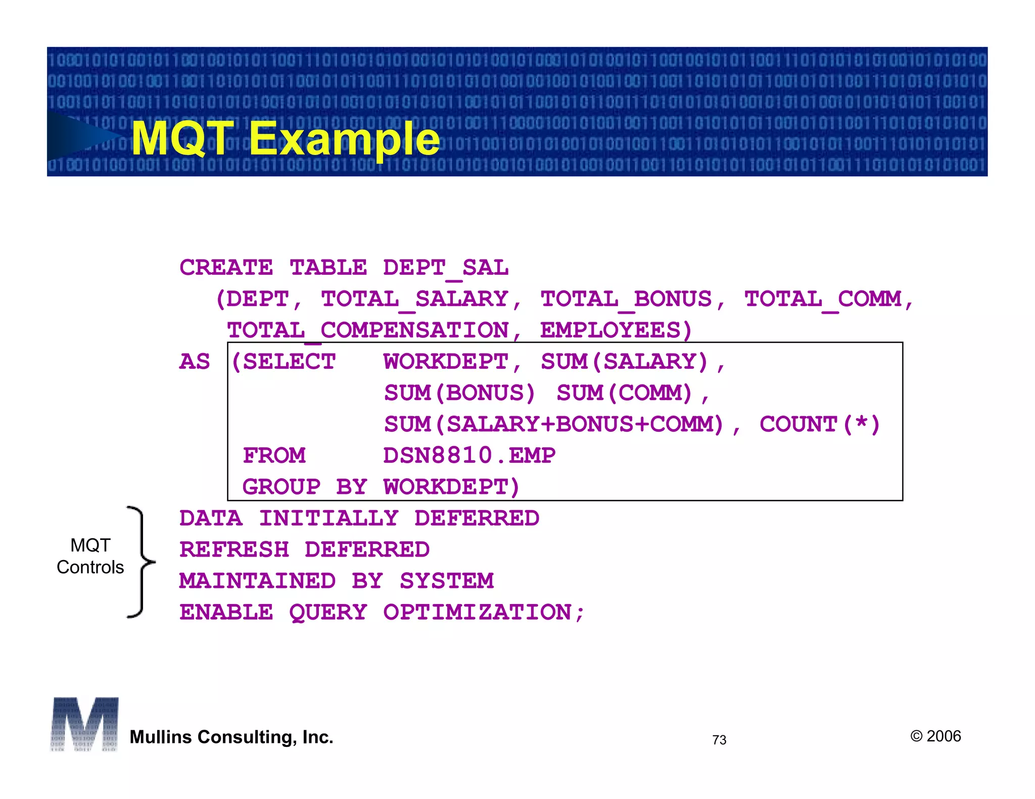 MQT Example

                CREATE TABLE DEPT_SAL
                  (DEPT, TOTAL_SALARY, TOTAL_BONUS, TOTAL_COMM,
                   TOTAL_COMPENSATION, EMPLOYEES)
                AS (SELECT   WORKDEPT, SUM(SALARY),
                             SUM(BONUS) SUM(COMM),
                             SUM(SALARY+BONUS+COMM), COUNT(*)
                    FROM     DSN8810.EMP
                    GROUP BY WORKDEPT)
                DATA INITIALLY DEFERRED
 MQT            REFRESH DEFERRED
Controls
                MAINTAINED BY SYSTEM
                ENABLE QUERY OPTIMIZATION;



           Mullins Consulting, Inc.              73           © 2006
 