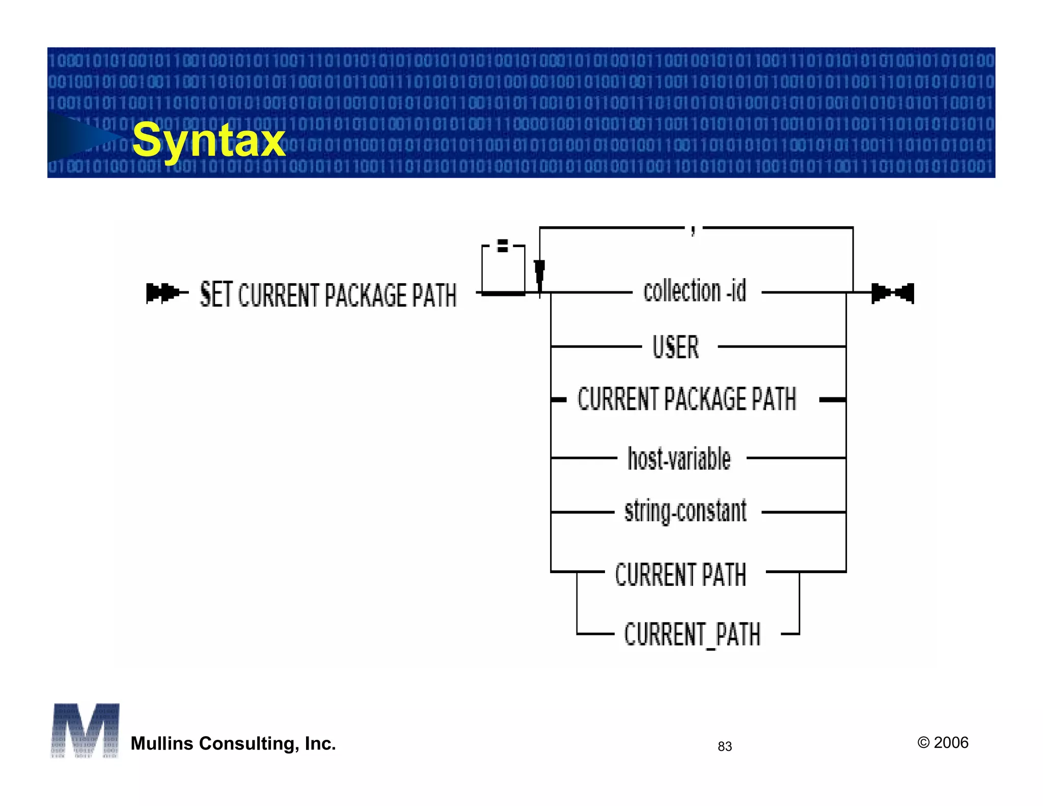 Syntax




Mullins Consulting, Inc.   83   © 2006
 