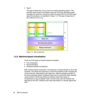 8 DB2 Virtualization
Type 2
This type of hypervisor runs on top of an existing operating system. This
provides wider support of hardware resources since the operating system
manages the resources. Using this model, the guest OS is on the third layer
above the hardware, as illustrated in Figure 1-3. This type of hypervisor is
also referred to as hosted.
Figure 1-3 Type 2 hypervisor
1.2.3 Machine-based virtualization
There are three types of machine-based virtulization:
Full virtualization
Paravirtualization
Hardware-assisted virtualization
With machine-based virtualization, the hypervisor is placed directly on top of the
hardware. This allows the hypervisor to control the hardware while managing the
virtual machines. Depending on the hypervisor, different operating systems or
the same operating system at different levels can be used within each separate
virtual machine. But the key difference between these three types of
virtualizations is how privileged-mode or kernel-mode calls are handled and
executed on the CPU, whereas user-mode calls always run directly against the
CPU.
 