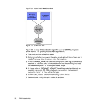 22 DB2 Virtualization
Figure 2-5 shows the STMM work flow.
Figure 2-5 STMM work flow
Figure 2-6 on page 23 describes the algorithm used for STMM during each
check interval. The general process of this algorithm is:
1. The tuner process wakes from sleep.
2. Determine whether memory configuration is sub-optimal. Some heaps are in
need of memory, while others own more than required.
3. If the DATABASE_MEMORY database configuration (dbm cfg) parameter has
been set to automatic, DB2 checks whether OS has free memory and uses
the free memory from OS to satisfy the needy heaps.
4. If the set value of DATABASE_MEMORY has all been used and there is no
available memory in OS, DB2 will allocate memory from the heaps with
excessive memory to those with a shortage.
5. Continue the process until no more memory can be moved.
6. Determine the tuning frequency based on workload.
 