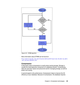 Chapter 2. Virtualization technologies 23
Figure 2-6 STMM algorithm
More information about STMM can be found at:
http://publib.boulder.ibm.com/infocenter/db2luw/v9r7/topic/com.ibm.db2.luw.admin
.perf.doc/doc/c0021627.html
Compression
A discussion about compression is mainly about saving storage. Storage is
usually the most expensive component of a database solution. Compressing
data can save floor space and personnel cost for managing storage, as well as
power and cooling.
A second aspect is the performance. Compression helps to improve the I/O
efficiency of your database. Because of compression, the database requires
 