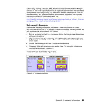 Chapter 2. Virtualization technologies 29
Edition only. Starting February 2009, this model was valid for all other charged
editions as well. Sub-capacity licensing is especially beneficial for the virtualized
environments because you only pay the license fees for the resources used by
the VM running DB2. The virtualization environments eligible for sub-capacity
licensing are listed on the following Web site:
http://www-01.ibm.com/software/lotus/passportadvantage/Counting_Software_licenses
_using_specific_virtualization_technologies.html
Sub-capacity licensing
For this new licensing model IBM introduces a new unit of measure called
processor value unit (PVU). To help you understand the PVU licensing model, we
first explain some terms used in this context:
Core: a functional unit within a computing device that interprets and executes
software instructions.
Chip: electronic circuitry containing, but not limited to, at least one core on a
silicon wafer.
Socket: the mount that secures a chip to a motherboard.
Processor: IBM defines a processor as the core. For example, a dual-core
chip has two processor cores on it.
These terms are illustrated in Figure 2-13.
Figure 2-13 Processor definition
 