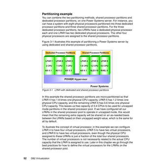 52 DB2 Virtualization
Partitioning example
You can combine the two partitioning methods, shared processor partitions and
dedicated processor partitions, on one Power Systems server. For instance, you
can have a system with eight physical processors partitioned into three dedicated
processor partitions and three shared processor partitions. For the three
dedicated processor partitions, two LPARs have a dedicated physical processor
each and one LPAR has two dedicated physical processors. The other four
physical processors are assigned to the shared processor partitions.
Figure 3-1 illustrates this example of partitioning a Power Systems server by
using dedicated and shared processor partitions.
Figure 3-1 LPAR with dedicated and shared processor partitions
In this example the shared processor partitions are micro-partitioned so that
LPAR 4 has 1.8 times one physical CPU capacity, LPAR 5 has 1.2 times one
physical CPU capacity, and the remaining LPAR 6 has 0.6 times one physical
CPU capacity. This leaves us free capacity of 0.4 CPUs to be used for uncapped
mode partitions in the shared processor pool. If we have configured all our
LPARs in the shared processor pool to operate in uncapped mode, this would
mean that the remaining extra capacity will be shared on an as-needed basis
between the LPARs based on their uncapped weight value, which is the same for
all by default.
To illustrate the concept of virtual processor, in this example we can configure
LPAR 4 to have four virtual processors, LPAR 5 to have two virtual processors,
and LPAR 6 to have two virtual processors, even though the physical CPU
assigned to these LPARs is just a fraction of the total four shared processors.
The number of virtual processors is not necessarily related to the actual CPU
capacity that the LPAR is assigned to use. Later in this chapter we go through the
best practices for how to define the virtual processors for the LPARs on the
shared processor pool.
 