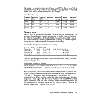 Chapter 3. Power Systems and PowerVM 67
We create a very basic environment with only three LPARs. One of the LPARs is
used as the VIOS. All of our LPARs are shared processor partitions in uncapped
mode. Table 3-1 shows the memory and CPU settings.
Table 3-1 LPAR setup
Storage setup
We run all of our tests with AIX02 running DB2 9.7 Enterprise Server Edition. We
configure the database to use automatic storage on two file systems located on
the external storage device locally attached to our system. Example 3-3 shows
the file system setup—two file systems capable of storing 20 GB data together
and one 10 GB file system for the database transaction logs.
Example 3-3 Storage setup for database data and logs
$ df -g | egrep "Files|data|logs"
Filesystem GB blocks Free %Used Iused %Iused Mounted on
/dev/datalv1 10.00 10.00 1% 4 1% /data/data1
/dev/datalv2 10.00 10.00 1% 4 1% /data/data2
/dev/logslv 10.00 10.00 1% 4 1% /data/logs
To create the database on the newly created file systems we use the command
shown in Example 3-4.
Example 3-4 Creating the database
CREATE DATABASE testdb AUTOMATIC STORAGE YES ON /data/data1, /data/data2 DBPATH
ON /data/data1 USING CODESET ISO8859-1 TERRITORY US COLLATE USING IDENTITY;
Next we create the tables under USERSPACE1 and populate them with test data.
All the tables are created with compression enabled by using the COMPRESS
YES option. This not only saves our storage costs, but also keeps the
requirements for I/O and memory smaller due to the row compression. Note that,
in general, it is not a good idea to create all the tables with the COMPRESS YES
option, unless you know that all the tables will benefit from the compression. We
are sure that all our test tables can benefit from the compression. Therefore, we
use the COMPRESS YES option in all of them.
System
name
Minimum
CPU
Desired
CPU
Maximum
CPU
Minimum
memory
Desired
memory
Maximum
memory
VIOS 0.5 0.4 1.0 512 MB 1.0 GB 2.0 GB
AIX01 0.5 1.0 2.0 1.0 GB 1.0 GB 2.0 GB
AIX02 0.5 1.0 6.0 1.0 GB 1.0 GB 8.0 GB
 