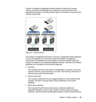 Chapter 4. VMware vSphere 81
vCenter is designed to aggregate physical hardware (networking, storage,
memory, and CPU) and manage it as a collection of resources that can be
allocated dynamically on business needs. Figure 4-4 provides an overview of the
vCenter components.
Figure 4-4 vCenter overview
The vCenter management information is stored in a dedicated vCenter database
to store and organize all its information about the vSphere management
environment. The database can be installed on the same machine where the
vCenter is installed or on a dedicated database machine. The data in the vCenter
database can be divided into three broad categories:
Inventory
This includes host and virtual machine configurations, resources, and virtual
machine inventory, user permissions, and roles. The inventory information in
vCenter stores extra host information.
Alarms and events
This includes notifications that are triggered based on virtual machine state
changes. The alarm and event data is store indefinitely in the vCenter
database.
Performance statistics
This includes the performance and resource utilization statistics for
datacenter elements, such as hosts, clusters, resource pools, and virtual
machines. vCenter provides configurable settings to control how performance
 