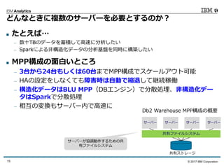 © 2017 IBM Corporation15
どんなときに複数のサーバーを必要とするのか？
n たとえば…
— 数⼗TBのデータを蓄積して⾼速に分析したい
— Sparkによる⾮構造化データの分析基盤を同時に構築したい
n MPP構成の⾯⽩いところ
— 3台から24台もしくは60台までMPP構成でスケールアウト可能
— HAの設定をしなくても障害時は⾃動で縮退して継続稼働
— 構造化データはBLU MPP（DBエンジン）で分散処理、⾮構造化デー
タはSparkで分散処理
— 相互の変換もサーバー内で⾼速に
サーバー
共有ストレージ
サーバー サーバー サーバー
共有ファイルシステム
サーバーが協調動作するための共
有ファイルシステム
Db2 Warehouse MPP構成の概要
 