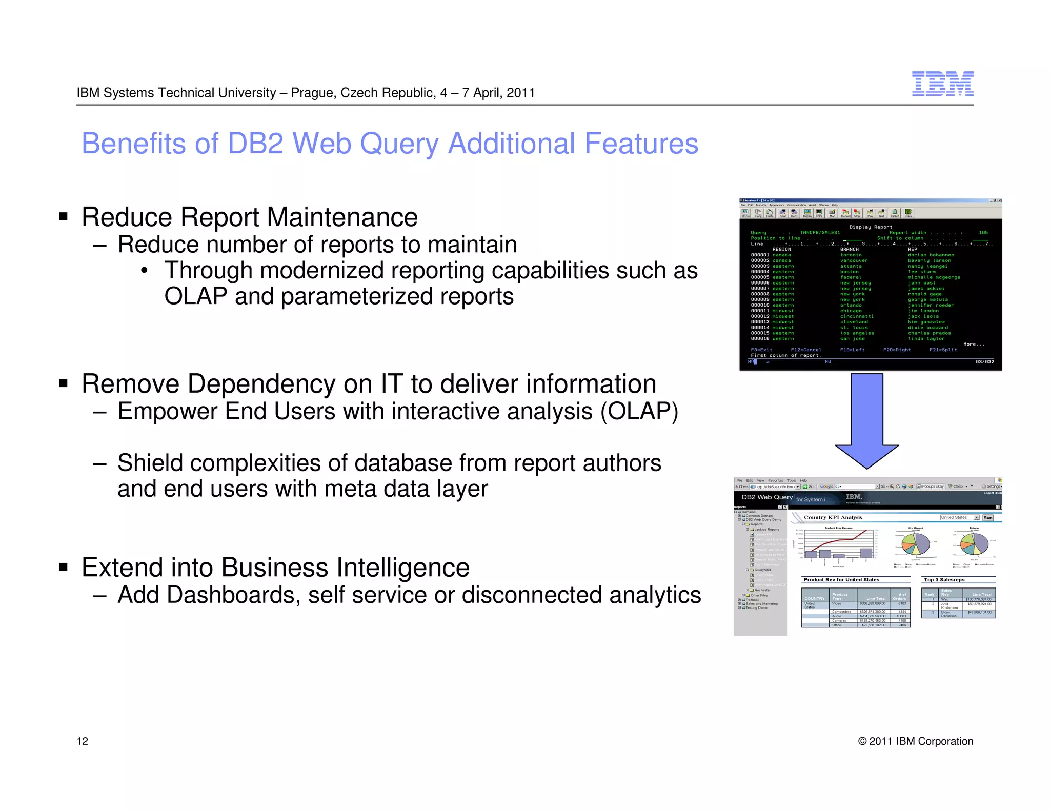 IBM Systems Technical University – Prague, Czech Republic, 4 – 7 April, 2011



Benefits of DB2 Web Query Additional Features

Reduce Report Maintenance
     – Reduce number of reports to maintain
        • Through modernized reporting capabilities such as
          OLAP and parameterized reports


Remove Dependency on IT to deliver information
     – Empower End Users with interactive analysis (OLAP)

     – Shield complexities of database from report authors
       and end users with meta data layer


Extend into Business Intelligence
     – Add Dashboards, self service or disconnected analytics




12                                                                             © 2011 IBM Corporation
 