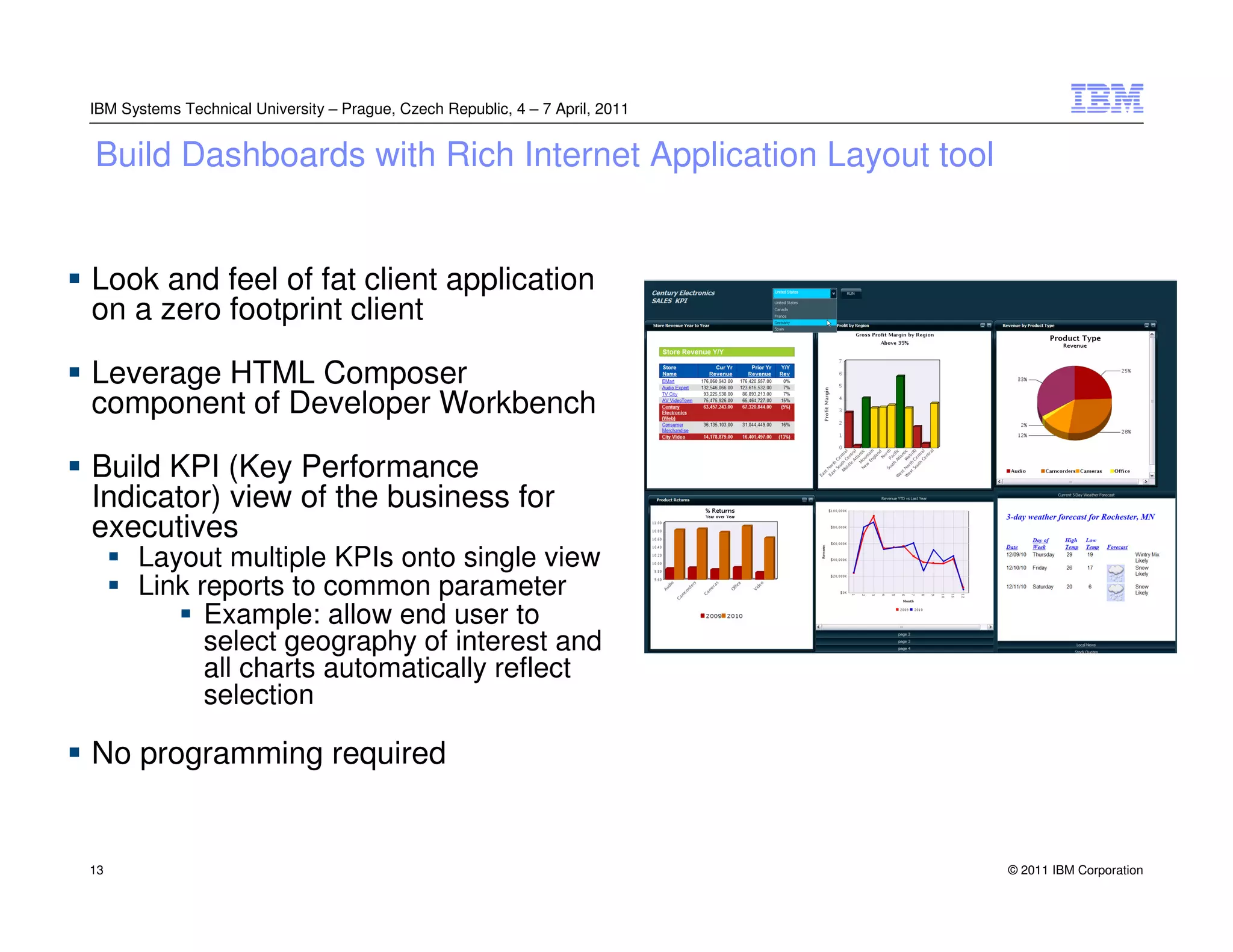 IBM Systems Technical University – Prague, Czech Republic, 4 – 7 April, 2011


Build Dashboards with Rich Internet Application Layout tool


Look and feel of fat client application
on a zero footprint client

Leverage HTML Composer
component of Developer Workbench

Build KPI (Key Performance
Indicator) view of the business for
executives
      Layout multiple KPIs onto single view
      Link reports to common parameter
            Example: allow end user to
            select geography of interest and
            all charts automatically reflect
            selection

No programming required


13                                                                             © 2011 IBM Corporation
 