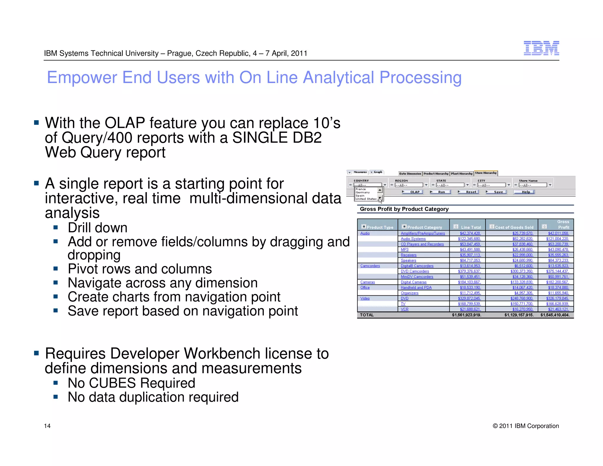 IBM Systems Technical University – Prague, Czech Republic, 4 – 7 April, 2011


Empower End Users with On Line Analytical Processing

With the OLAP feature you can replace 10’s
of Query/400 reports with a SINGLE DB2
Web Query report

A single report is a starting point for
interactive, real time multi-dimensional data
analysis
      Drill down
      Add or remove fields/columns by dragging and
      dropping
      Pivot rows and columns
      Navigate across any dimension
      Create charts from navigation point
      Save report based on navigation point


Requires Developer Workbench license to
define dimensions and measurements
      No CUBES Required
      No data duplication required
14                                                                             © 2011 IBM Corporation
 