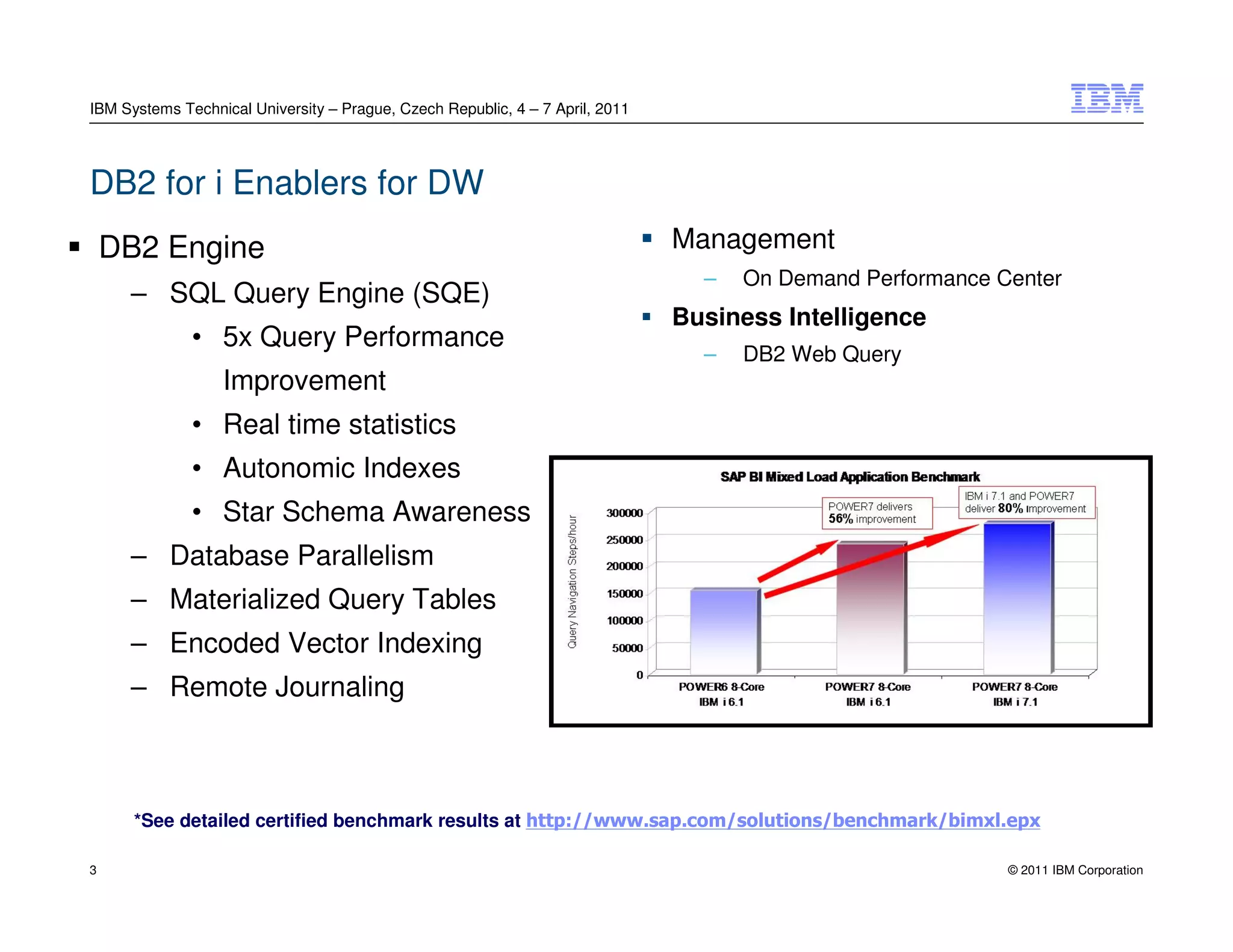 IBM Systems Technical University – Prague, Czech Republic, 4 – 7 April, 2011




DB2 for i Enablers for DW
    DB2 Engine                                                                 Management
                                                                                 –   On Demand Performance Center
     – SQL Query Engine (SQE)
                                                                               Business Intelligence
              • 5x Query Performance
                                                                                 –   DB2 Web Query
                  Improvement
              • Real time statistics
              • Autonomic Indexes
              • Star Schema Awareness
     – Database Parallelism
     – Materialized Query Tables
     – Encoded Vector Indexing
     – Remote Journaling



      *See detailed certified benchmark results at http://www.sap.com/solutions/benchmark/bimxl.epx

3                                                                                                           © 2011 IBM Corporation
 