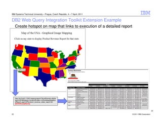 IBM Systems Technical University – Prague, Czech Republic, 4 – 7 April, 2011


DB2 Web Query Integration Toolkit Extension Example
     Create hotspot on map that links to execution of a detailed report




     http://lp12ut21:12321/wqsoa/report/?&zrdDomain=db2w
     bqry%2Fdb2wbqry.htm&zrdFolder=%23visiblea56gb&zr
     dReport=app%2Fproduct_revenue_state_report.fex
     &STATE=California



                                                                                                        23

23                                                                             © 2011 IBM Corporation
 