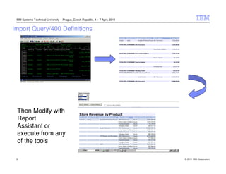 IBM Systems Technical University – Prague, Czech Republic, 4 – 7 April, 2011


Import Query/400 Definitions




 Then Modify with
 Report
 Assistant or
 execute from any
 of the tools

 9                                                                              © 2011 IBM Corporation
 