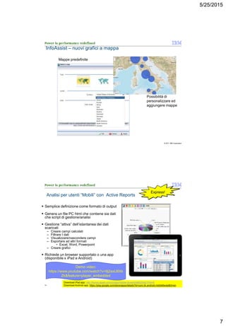 5/25/2015
7
© 2011 IBM Corporation
InfoAssist – nuovi grafici a mappa
Mappe predefinite
Possibilità di
personalizzare ed
aggiungere mappe
© 2011 IBM Corporation14
Analisi per utenti “Mobili” con Active Reports
 Semplice definizione come formato di output
 Genera un file PC html che contiene sia dati
che script di gestione/analisi
 Gestione “attiva” dell’istantanea dei dati
scaricati
– Creare campi calcolati
– Filtrare I dati
– Visualizzare/nascondere campi
– Esportare ad altri formati
• Excel, Word, Powerpoint
– Creare grafici
 Richiede un browser supportato o una app
(disponibile x iPad e Android)
Download iPad app: http://itunes.apple.com/us/app/mobile-faves/id406033421?mt=8
Download Android app: https://play.google.com/store/apps/details?id=com.ibi.android.mobilefaves&hl=en
Express!
Demo video:
https://www.youtube.com/watch?v=9j2axU8Xk
Zk&feature=player_embedded
 