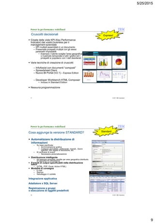5/25/2015
9
© 2011 IBM Corporation17
Cruscotti decisionali
 Create delle viste KPI (Key Performance
Indicator) del vostro business per il
management aziendale
– KPI multipli assemblati in un documento
– Presentate prospetti multipli con gli stessi
parametri impostabili
• Esempio: l’utente sceglie l’area geografica
o il periodo temporale e tutti I grafici ed I
prospetti si popolano con I dati desiderati
 Varie tecniche di creazione di cruscotti:
– InfoAssist con documenti “composti”
– Spreadsheet Client
– Nuovo BI Portal (V2.1) – Express Edition
– Developer Workbench HTML Composer
• Incluso in Standard Edition
 Nessuna programmazione
Express!
© 2011 IBM Corporation18
 Automatizzare la distribuzione di
informazioni
– Su base pianificata
• Amministrazione grafica
• Cadenze giornaliere, settimanali, mensili.. Giorni
specifici, con regole di esclusione, etc.
– Al verificarsi di eventi
• Necessaria personalizzazione
 Distribuzione intelligente
– Ad esempio prospetto vendite per area geografica distribuito
al capoarea di competenza
 Formati di output specificabili nella distribuzione
batch
– (HTML, PDF, Excel, Active HTML)
 Modalità di consegna
– E-mail
– Stampa
– Salvataggio in cartella
Integrazione applicativa
Adattatore x SQL Server
Registrazione a gruppi
x esecuzione di oggetti predefiniti
Cosa aggiunge la versione STANDARD? Standard
 
