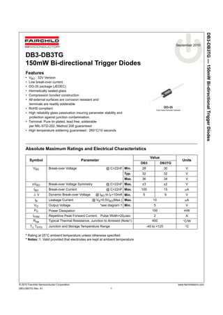 DB3-DB3TG — 150mW Bi-directional Trigger Diodes 
September 2010 
DB3-DB3TG 
150mW Bi-directional Trigger Diodes 
Features 
• VBO : 32V Version 
• Low break-over current 
• DO-35 package (JEDEC) 
• Hermetically sealed glass 
• Compression bonded construction 
• All external surfaces are corrosion resistant and 
terminals are readily solderable 
• RoHS compliant 
• High reliability glass passivation insuring parameter stability and 
protection against junction contamination. 
• Terminal: Pure tin plated, lead free, solderable 
per MIL-STD-202, Method 208 guaranteed 
• High temperature soldering guaranteed : 260°C/10 seconds 
Absolute Maximum Ratings and Electrical Characteristics 
Symbol Parameter 
DO-35 
Color Band Denotes Cathode 
VBO Break-over Voltage @ C=22nF Min. 28 30 V 
Typ. 32 32 V 
Max. 36 34 V 
±VBO Break-over Voltage Symmetry @ C=22nF Max. ±3 ±2 V 
IBO Break-over Current @ C=22nF Max. 100 15 μA 
Δ V Dynamic Break-over Voltage @ IBO to IF=10mA Min. 5 9 V 
IB Leakage Current @ VB=0.5VBO(Max.) Max. 10 μA 
VO Output Voltage *see diagram 1 Min. 5 V 
PD Power Dissipation 150 mW 
IFRM Repetitive Peak Forward Current, Pulse Width=20μsec 2 A 
Rθja Typical Thermal Resistance, Junction to Ambient (Note1) 400 °C/W 
TJ, TSTG Junction and Storage Temperature Range -40 to +125 °C 
* Rating at 25°C ambient temperature unless otherwise specified. 
* Notes: 1. Valid provided that electrodes are kept at ambient temperature 
Value 
Units 
DB3 DB3TG 
© 2010 Fairchild Semiconductor Corporation www.fairchildsemi.com 
DB3-DB3TG Rev. A1 1 
 