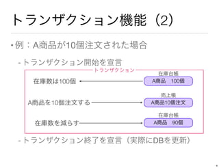 トランザクション機能（2）
•例：A商品が10個注文された場合
- トランザクション開始を宣言
- トランザクション終了を宣言（実際にDBを更新）
在庫数は100個 A商品 100個
在庫台帳
A商品を10個注文する A商品10個注文
売上帳
在庫数を減らす A商品 90個
在庫台帳
トランザクション
4
 