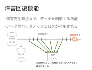 障害回復機能
•障害発生時点まで、データを回復する機能
•データのバックアップとログが利用される
データ
ベース
時間の流れ
バック
アップ
ログ
ファイル
DB更新のたびに処理内容がログファイルに
書き込まれる
障害発生！
6
 