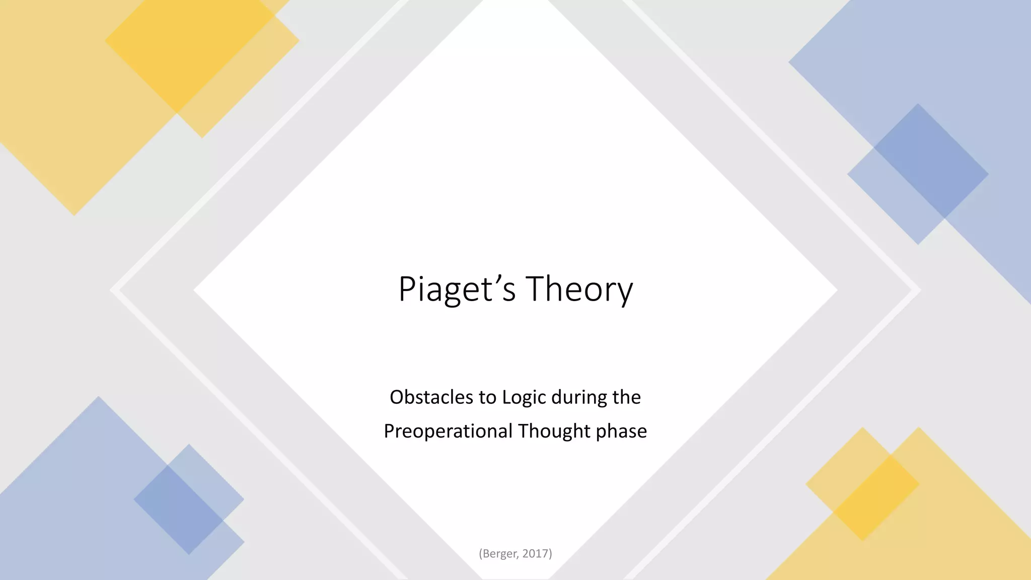 Obstacles to Logic during the
Preoperational Thought phase
Piaget’s Theory
(Berger, 2017)
 