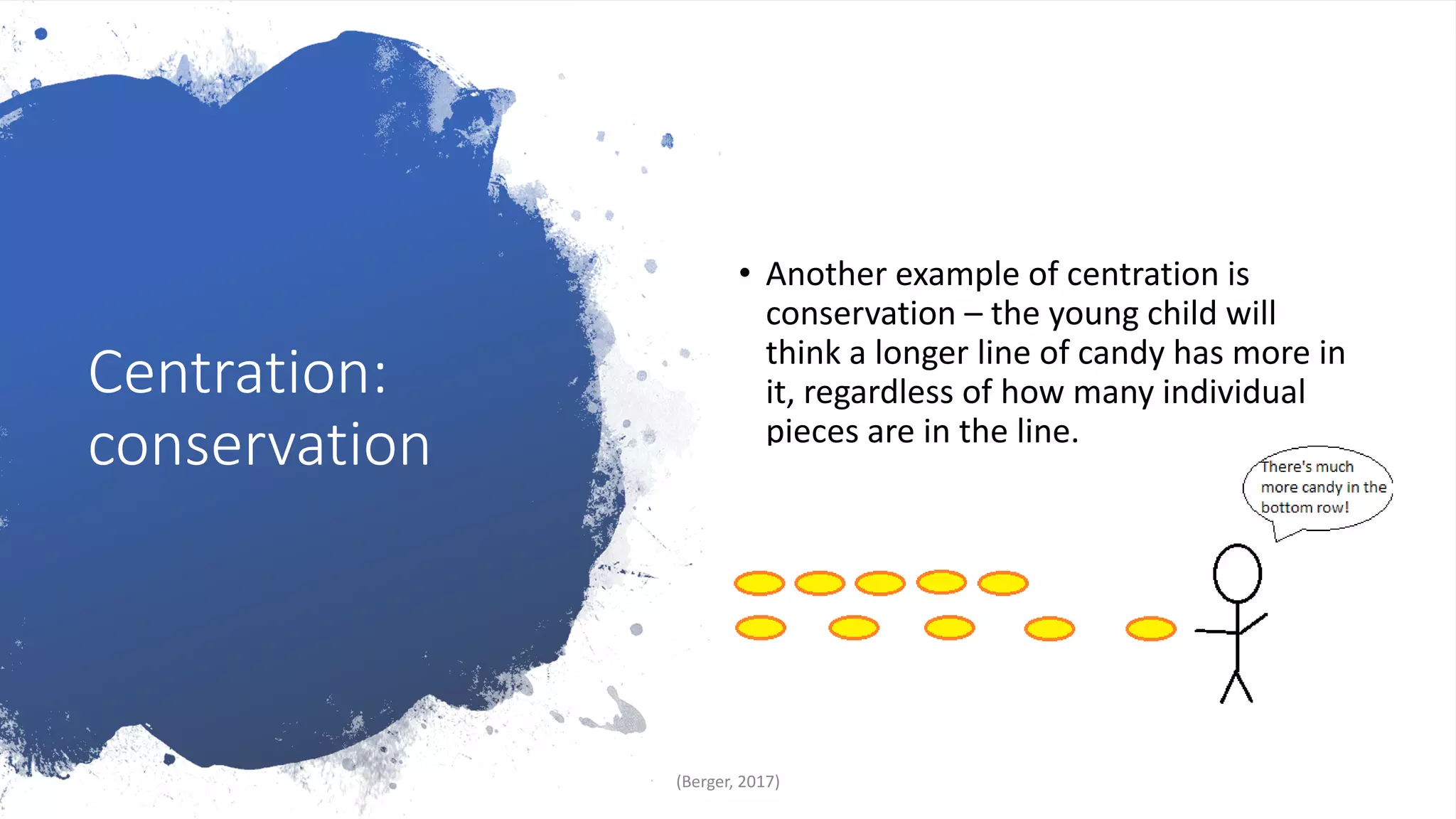 Centration:
conservation
• Another example of centration is
conservation – the young child will
think a longer line of candy has more in
it, regardless of how many individual
pieces are in the line.
(Berger, 2017)
 