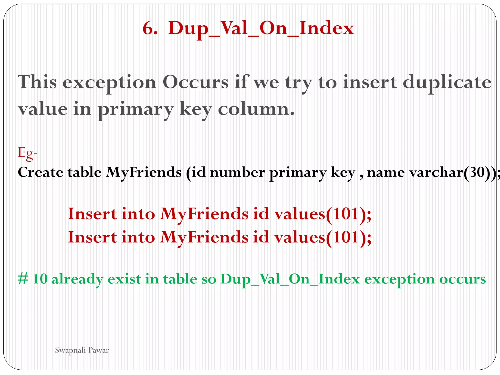 6. Dup_Val_On_Index
This exception Occurs if we try to insert duplicate
value in primary key column.
Eg-
Create table MyFriends (id number primary key , name varchar(30));
Insert into MyFriends id values(101);
Insert into MyFriends id values(101);
# 10 already exist in table so Dup_Val_On_Index exception occurs
Swapnali Pawar
 