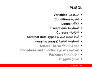 PL/SQL

‫المتحوالت‬
Variables

‫الشروط‬
Conditions

‫الحلقات‬
Loops

‫االستثناءات‬
Exceptions

‫المؤشرات‬
Cursors

‫...
