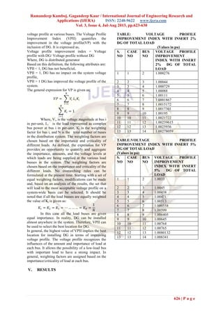 Ramandeep Kamboj, Gagandeep Kaur / International Journal of Engineering Research and
Applications (IJERA) ISSN: 2248-9622 www.ijera.com
Vol. 3, Issue 4, Jul-Aug 2013, pp.623-630
626 | P a g e
voltage profile at various buses. The Voltage Profile
Improvement Index (VPII) quantifies the
improvement in the voltage profile(VP) with the
inclusion of DG. It is expressed as,
Voltage profile improvement index = Voltage
profile with DG/ Voltage profile without DG
Where, DG is distributed generator
Based on this definition, the following attributes are:
VPII < 1, DG has not beneficial,
VPII = 1, DG has no impact on the system voltage
profile,
VPII > 1 DG has improved the voltage profile of the
system.
The general expression for VP is given as,
𝑉𝑃 = 𝑉𝑖
𝑁
𝑖=1
𝐿𝑖 𝐾𝑖
𝐾𝑖
𝑁
𝑖=1
= 1
Where, Vi, is the voltage magnitude at bus i
in per-unit, Li is the load represented as complex
bus power at bus i in per-unit, Ki is the weighting
factor for bus i, and N is the total number of buses
in the distribution system. The weighting factors are
chosen based on the importance and criticality of
different loads. As defined, the expression for VP
provides an opportunity to quantify and aggregate
the importance, amounts, and the voltage levels at
which loads are being supplied at the various load
busses in the system. The weighting factors are
chosen based on the importance and criticality of the
different loads. No overarching rules can be
formulated at the present time. Starting with a set of
equal weighting factors, modifications can be made
and, based on an analysis of the results, the set that
will lead to the most acceptable voltage profile on a
system-wide basis can be selected. It should be
noted that if all the load busses are equally weighted
the value of Ki is given as:
𝐾1 = 𝐾2 = 𝐾3 = ⋯ … … … = 𝐾 𝑁 =
1
𝑁
In this case all the load buses are given
equal importance. In reality, DG can be installed
almost anywhere in the system. Therefore, VPII can
be used to select the best location for DG.
In general, the highest value of VPII implies the best
location for installing DG in terms of improving
voltage profile. The voltage profile recognizes the
influences of the amount and importance of load at
each bus. It allows the possibility of a low-load bus
with important load to have a strong impact. In
general, weighting factors are assigned based on the
importance/criticality of load at each bus.
V. RESULTS
TABLE: VOLTAGE PROFILE
IMPROVEMENT INDEX WITH INSERT 2%
DG OF TOTAL LOAD
(Values in pu)
S.
NO
CASE
NO
BUS
NO
VOLTAGE PROFILE
IMPROVEMENT
INDEX WITH INSERT
2% DG OF TOTAL
LOAD
1 1 2 1.000276
2 2 3 1.00044
3 3 4 1.000729
4 4 5 1.00088
5 5 6 1.00111
6 6 7 1.0001867
7 7 8 1.0015172
8 8 9 1.0017301
9 9 10 1.00195
10 10 11 1.0021722
11 11 12 1.00239615
12 12 13 1.0025936
13 13 14 1.00278059
TABLE:VOLTAGE PROFILE
IMPROVEMENT INDEX WITH INSERT 5%
DG OF TOTAL LOAD
(Values in pu)
S.
NO
CASE
NO
BUS
NO
VOLTAGE PROFILE
IMPROVEMENT
INDEX WITH INSERT
5% DG OF TOTAL
LOAD
1 1 2 1.0033
2 2 3 1.0045
3 3 4 1.00438
4 4 5 1.00471
5 5 6 1.00513
6 6 7 1.000558
7 7 8 1.00599
8 8 9 1.006405
9 9 10 1.00645
10 10 11 1.00764
11 11 12 1.00765
12 12 13 1.0080132
13 13 14 1.008341
 