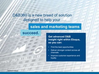 8
D&B360 is a new breed of solution
designed to help your
succeed.
Get advanced D&B
insight right within Eloqua,
so you can:
• Find the best opportunities
• Deliver stronger content across all
channels
• Improve customer experience and
loyalty
sales and marketing teams
D&B360 for Eloqua
 
