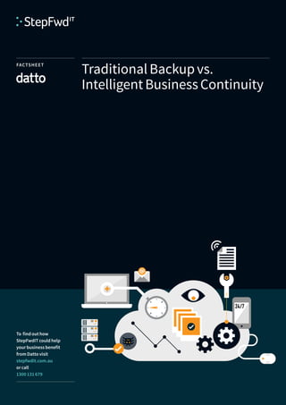 FACTSHEET
Traditional Backup vs.
Intelligent Business Continuity
To find out how
StepFwdIT could help
your business benefit
from Datto visit
stepfwdit.com.au
or call
1300 131 679
 