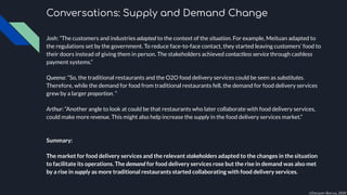 Conversations: Supply and Demand Change
Josh: ”The customers and industries adapted to the context of the situation. For example, Meituan adapted to
the regulations set by the government. To reduce face-to-face contact, they started leaving customers’ food to
their doors instead of giving them in person. The stakeholders achieved contactless service through cashless
payment systems.”
Queena: “So, the traditional restaurants and the O2O food delivery services could be seen as substitutes.
Therefore, while the demand for food from traditional restaurants fell, the demand for food delivery services
grew by a larger proportion. “
Arthur: “Another angle to look at could be that restaurants who later collaborate with food delivery services,
could make more revenue. This might also help increase the supply in the food delivery services market.”
Summary:
The market for food delivery services and the relevant stakeholders adapted to the changes in the situation
to facilitate its operations. The demand for food delivery services rose but the rise in demand was also met
by a rise in supply as more traditional restaurants started collaborating with food delivery services.
©Darpan Barua, 2020
 