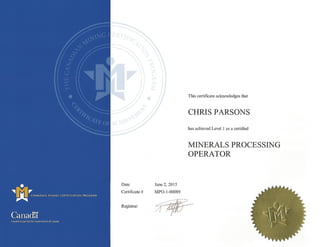 Minerals Processing Certificate | PPT