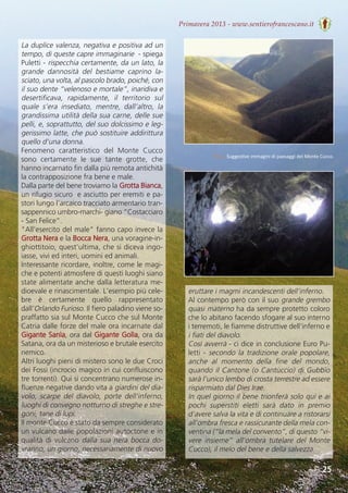 25
Primavera 2013 - www.sentierofrancescano.it
La duplice valenza, negativa e positiva ad un
tempo, di queste capre immaginarie - spiega
Puletti - rispecchia certamente, da un lato, la
grande  dannosità  del  bestiame  caprino  la-
sciato, una volta, al pascolo brado, poiché, con
il suo dente “velenoso e mortale”, inaridiva e
desertificava,  rapidamente,  il  territorio  sul
quale  s’era  insediato,  mentre,  dall’altro,  la
grandissima utilità della sua carne, delle sue
pelli, e, soprattutto, del suo dolcissimo e leg-
gerissimo latte, che può sostituire addirittura
quello d’una donna. 
Fenomeno  caratteristico  del  Monte  Cucco
sono  certamente  le  sue  tante  grotte,  che
hanno incarnato fin dalla più remota antichità
la contrapposizione fra bene e male. 
Dalla parte del bene troviamo la Grotta Bianca,
un rifugio sicuro  e asciutto per eremiti e pa-
stori lungo l’arcaico tracciato armentario tran-
sappennico umbro-marchi- giano “Costacciaro
- San Felice”.
"All'esercito del male" fanno capo invece la
Grotta Nera e la Bocca Nera, una voragine-in-
ghiottitoio, quest’ultima, che si diceva ingo-
iasse, vivi ed interi, uomini ed animali.
Interessante ricordare, inoltre, come le magi-
che e potenti atmosfere di questi luoghi siano
state alimentate anche dalla letteratura me-
dioevale e rinascimentale. L'esempio più cele-
bre  è  certamente  quello  rappresentato
dall'Orlando Furioso. Il fiero paladino viene so-
praffatto sia sul Monte Cucco che sul Monte
Catria dalle forze del male ora incarnate dal
Gigante Sanìa, ora dal Gigante Golìa, ora da
Satana, ora da un misterioso e brutale esercito
nemico.
Altri luoghi pieni di mistero sono le due Croci
dei Fossi (incrocio magico in cui confluiscono
tre torrenti). Qui si concentrano numerose in-
fluenze negative dando vita a giardini del dia-
volo,  scarpe  del  diavolo,  porte  dell’inferno,
luoghi di convegno notturno di streghe e stre-
goni, tane di lupi.
Il monte Cucco è stato da sempre considerato
un vulcano dalle popolazioni autoctone e in
qualità di vulcano dalla sua nera bocca do-
vranno, un giorno, necessariamente di nuovo
eruttare i magmi incandescenti dell’inferno. 
Al contempo però con il suo grande grembo
quasi materno ha da sempre protetto coloro
che lo abitano facendo sfogare al suo interno
i terremoti, le fiamme distruttive dell'inferno e
i fiati del diavolo. 
Così avverrà - ci dice in conclusione Euro Pu-
letti - secondo la tradizione orale popolare,
anche  al  momento  della  fine  del  mondo,
quando il Cantone (o Cantùccio) di Gubbio
sarà l’unico lembo di crosta terrestre ad essere
risparmiato dal Dies Irae. 
In quel giorno il bene trionferà solo qui e ai
pochi  superstiti  eletti  sarà  dato  in  premio
d’avere salva la vita e di continuare a ristorarsi
all’ombra fresca e rassicurante della mela con-
ventina (“la mela del convento”, di questo “vi-
vere insieme” all’ombra tutelare del Monte
Cucco), il melo del bene e della salvezza.
↑ ↓ Suggestive immagini di paesaggi del Monte Cucco.
 