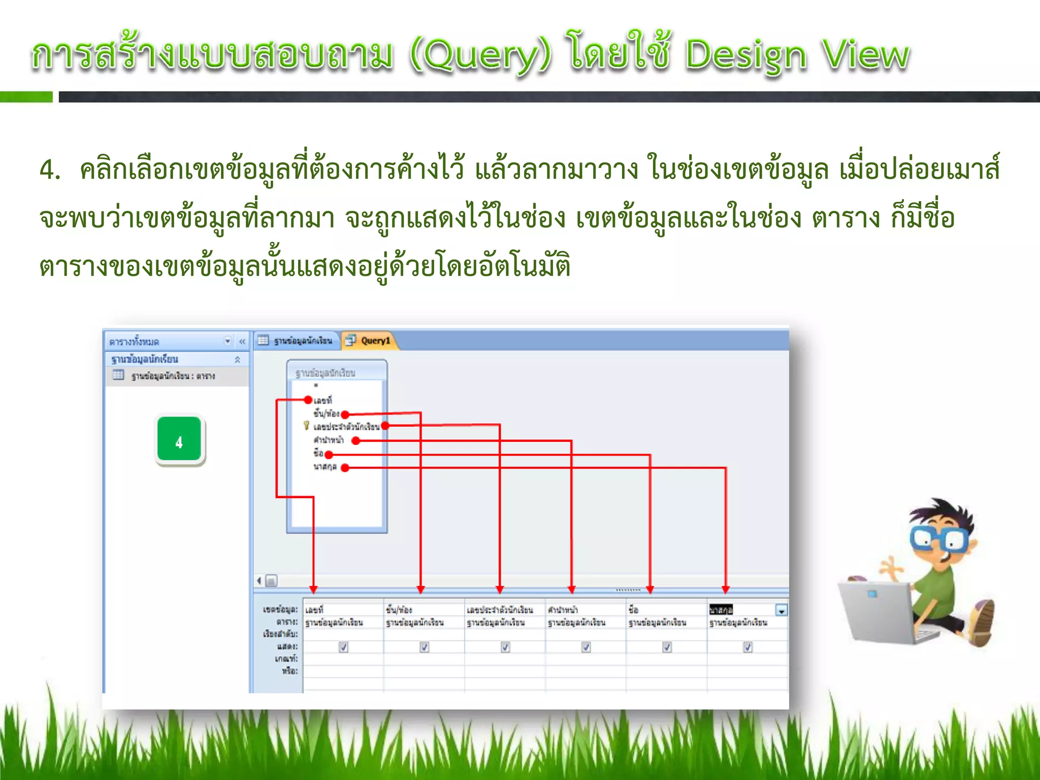 4. คลิกเลือกเขตข้อมูลที่ต้องการค้างไว้ แล้วลากมาวาง ในช่องเขตข้อมูล เมื่อปล่อยเมาส์
จะพบว่าเขตข้อมูลที่ลากมา จะถูกแสดงไว้ในช่อง เขตข้อมูลและในช่อง ตาราง ก็มีชื่อ
ตารางของเขตข้อมูลนั้นแสดงอยู่ด้วยโดยอัตโนมัติ
 