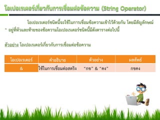 โอเปอเรเตอร์ชนิดนี้จะใช้ในการเชื่อมข้อความเข้าไว้ด้วยกัน โดยมีสัญลักษณ์
“ อยู่ที่หัวและท้ายของข้อความโอเปอเรเตอร์ชนิดนี้มีดังตารางต่อไปนี้

ตัวอย่าง โอเปอเรเตอร์เกี่ยวกับการเชื่อมต่อข้อความ

   โอเปอเรเตอร์       คาอธิบาย                 ตัวอย่าง                ผลลัพธ์
        &       ใช้ในการเชื่อมต่อสตริง       “กข” & “คง”                กขคง
 