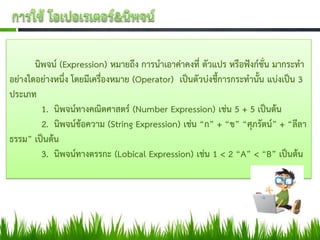 นิพจน์ (Expression) หมายถึง การนาเอาค่าคงที่ ตัวแปร หรือฟังก์ชั่น มากระทา
อย่างใดอย่างหนึ่ง โดยมีเครื่องหมาย (Operator) เป็นตัวบ่งชี้การกระทานั้น แบ่งเป็น 3
ประเภท
         1. นิพจน์ทางคณิตศาสตร์ (Number Expression) เช่น 5 + 5 เป็นต้น
         2. นิพจน์ข้อความ (String Expression) เช่น “ก” + “ข” “ศุภรัตน์” + “ลีลา
ธรรม” เป็นต้น
         3. นิพจน์ทางตรรกะ (Lobical Expression) เช่น 1 < 2 “A” < “B” เป็นต้น
 