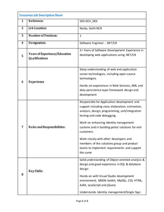 Page 1 of 2
Sensorise Job DescriptionSheet
1 Reference: SDS-DEV_003
2 Job Location: Noida, Delhi NCR
3 Numberof Positions: 1
4 Designation: Software Engineer - .NET/C#
5
Years of Experience/Education
Qualifications
2+ Years of Software Development Experience in
developing web applications using .NET/C#
6 Experience
Deep understanding of web and application
server technologies, including open-source
technologies
Hands-on experiences in Web Services, XML and
data persistence layer framework design and
development
7 Roles andResponsibilities:
Responsible for Application development and
support including story elaboration, estimation,
analysis, design, programming, unit/integration
testing and code debugging.
Work on enhancing identity management
systems and in building portal solutions for end
customers.
Work closely with other developers and
members of the solutions group and product
teams to implement requirements and support
the same
8
Key Skills:
Solid understanding of Object oriented analysis &
design and good experience in SQL & database
design
Hands on with Visual Studio development
environment, MSDN toolkit, MySQL, CSS, HTML,
AJAX, JavaScript and jQuery
Understands Identity management/Single Sign
 