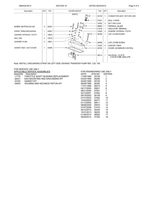 DB4429-5514 EDITION 18 DATED 09/29/2014 Page 4 of 4
Note: INSTALL GROUNDING STRAP ON LEFT SIDE VIEWING TRANSFER PUMP REF. S.B. 108
FOR SERVICE USE ONLY
APPLICABLE SERVICE ASSEMBLIES FOR ENGINEERING USE ONLY
Assembly Description
17776 THROTTLE SHAFT BUSHING REPLACEMENT
26431 ESO MOUNTING AND GROUNDING KIT
33702 GASKET KIT
34943 HOUSING AND ADVANCE PISTON KIT
DATE ECN NO EDITION
11/09/1998 25739 1
03/24/1999 26208 2
04/05/1999 25739 3
09/09/1999 26352 4
11/01/1999 26413 5
04/17/2000 26821 6
08/21/2000 27001 7
03/13/2001 27003 8
09/19/2002 26109 9
07/31/2003 27563 10
10/23/2003 26277 11
01/13/2004 28511 12
09/06/2005 29070 13
07/07/2008 31470 14
09/10/2013 35430 15
10/31/2013 36253 16
01/30/2014 36592 17
09/29/2014 37305 18
 